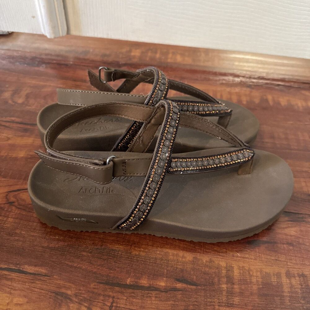 Skechers Arch Fit Womens Sandals Brown US 7 Rhinestone Hook And Loop Ankle Strap - Picture 2 of 14
